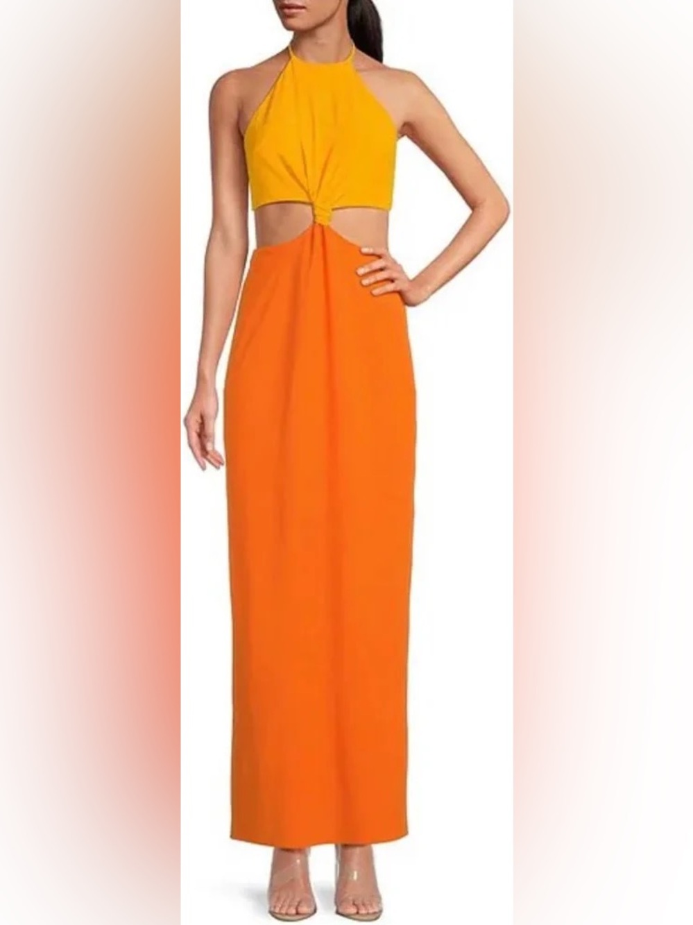 Gianni Bini Bright Orange Hammered Satin Color Block Cut Out Halter Dress, 6